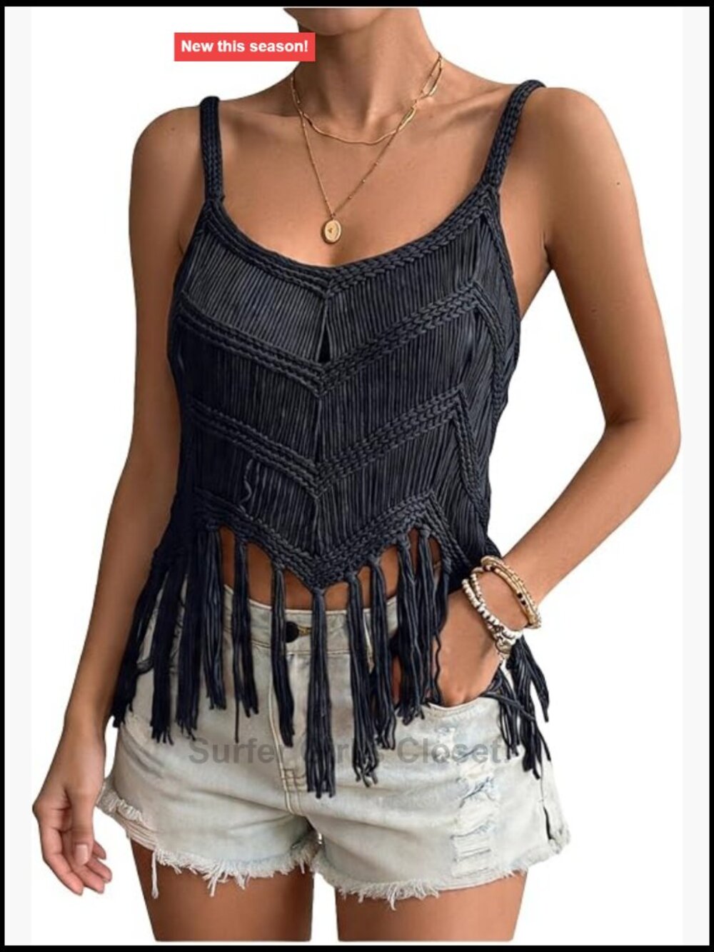 Women's Sleeveless Crochet Fringe Tank Top V-Neck Tassel Trim Boho Festival